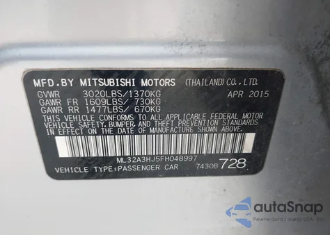 2015 Mitsubishi Mirage De/Rf from USA, damaged, VIN ML32A3HJ5FH048997